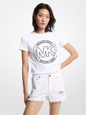 Koszulki Michael Kors Logo Charm Print Organic Bawełniane Damskie Białe | 932876-MLQ